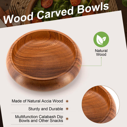 Honeydak 6 Pcs 7.87 Inches Acacia Wooden Bowls Calabash Salad Bowls Round Wood Hand Carved Dip Tray for Serving Popcorn Pasta Dessert Coconut Nuts Sauce Appetizers