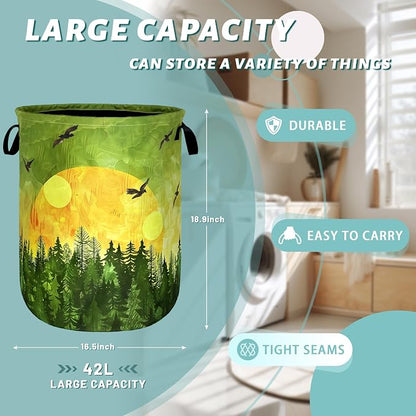 Watercolor Sunset Laundry Basket Foldable Forest Laundry Hamper Oxford Cloth Colorful Tote Bag Clothes Toy Storage Bucket For Bathroom/Laundry Storage/Bedroom 18.9 x 16.5 Inch