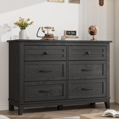 GarveeHome 6 Dresser for Bedroom, 47 in Wide Drawer Dresser with Storage Freestanding, Wooden Closet Storage Chest for Living Room, Bedroom, Entryway, Dark Black