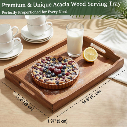 Plusinthebox Acacia Wood Serving Tray with Handles, Rectangular Wooden Ottoman Tray for Coffee Table, Breakfast in Bed, Drinks, Kitchen Countertop and Home Decor