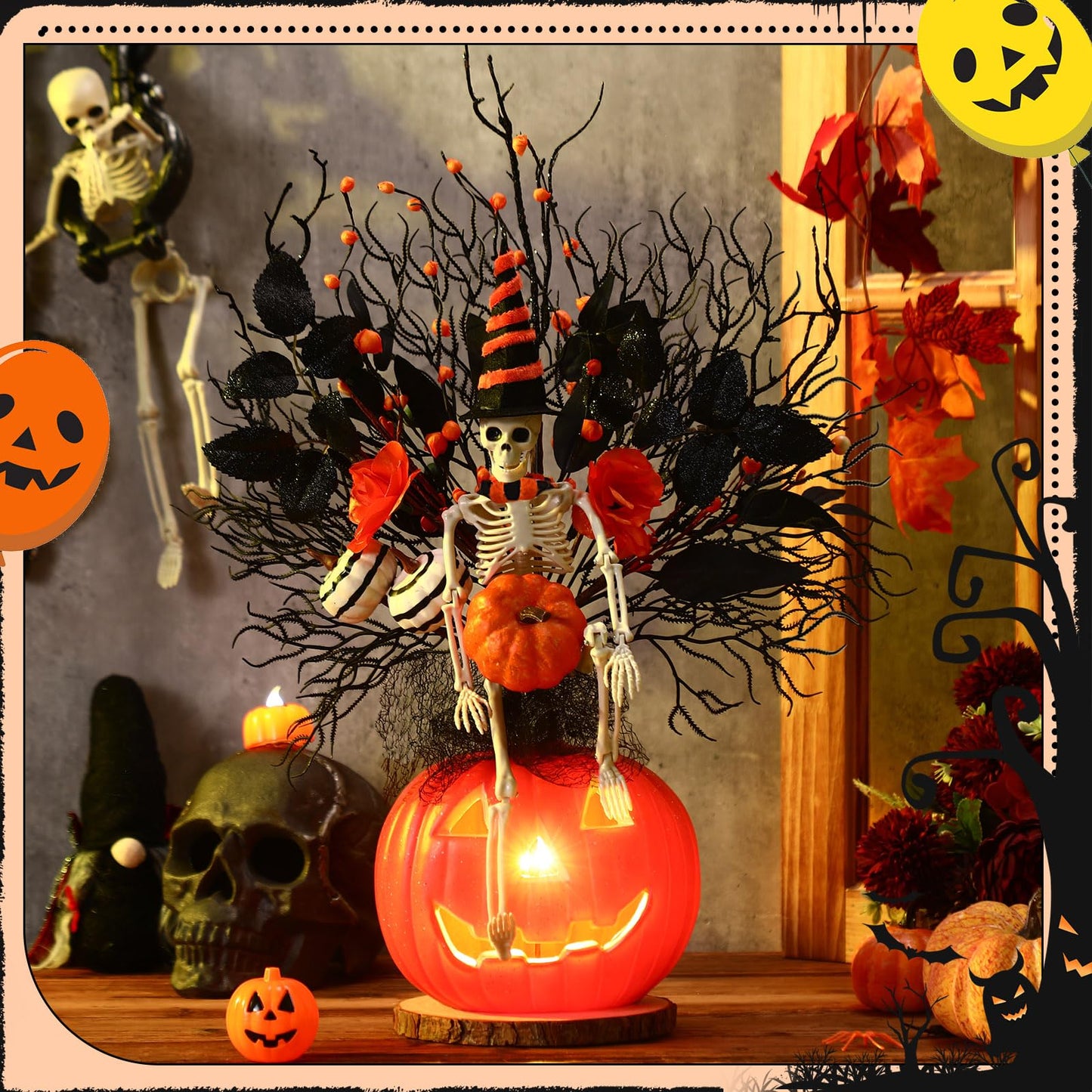Thiccywoov Large Halloween Tabletop Decorations with Lights 17.7'' x 11'' Halloween Table Centerpieces Halloweens Artificial Flower Skeleton Skull Pumpkin Table Decor for Home Indoor Party Supplies