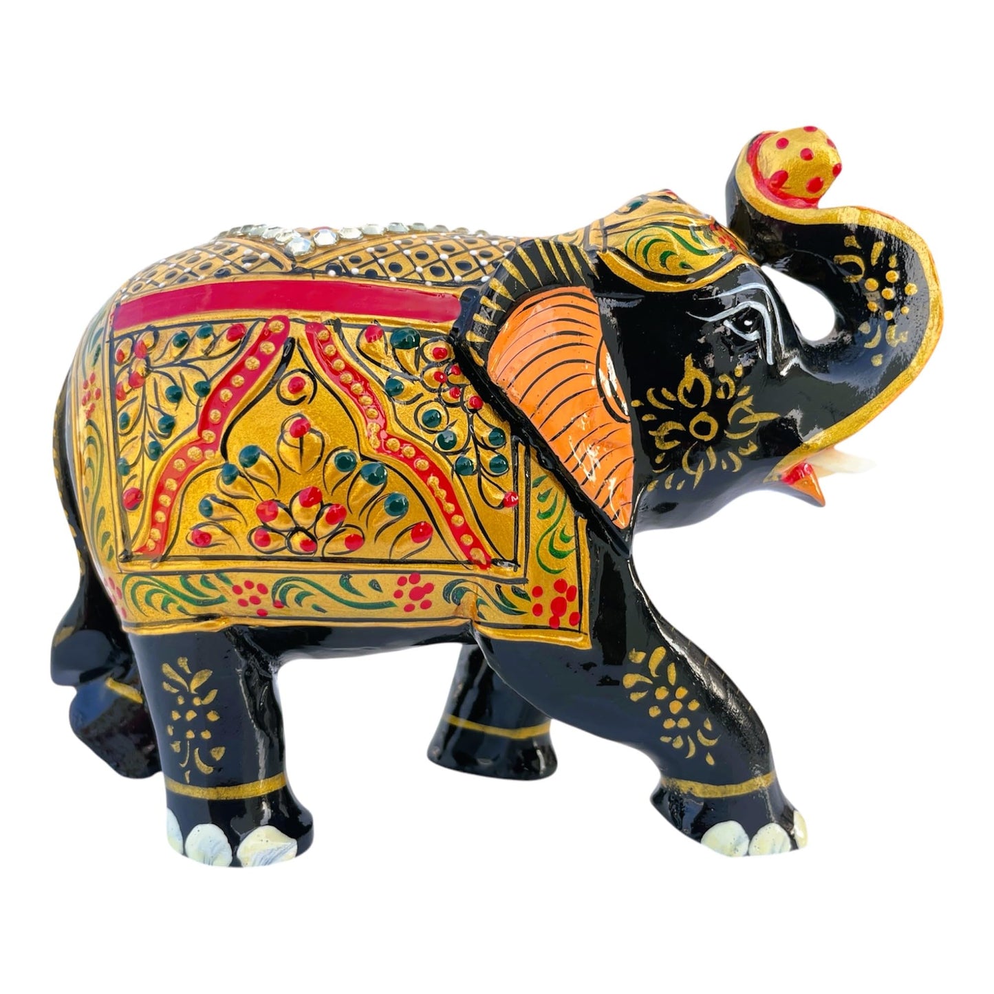 Handcrafted Wooden Elephant Figurine – Traditional Artwork, Gold & Gemstone Embellishments – Lucky Decorative Elephant Statue for Prosperity | Beautiful Elefantes Decorativos para Sala (Black & Gold)
