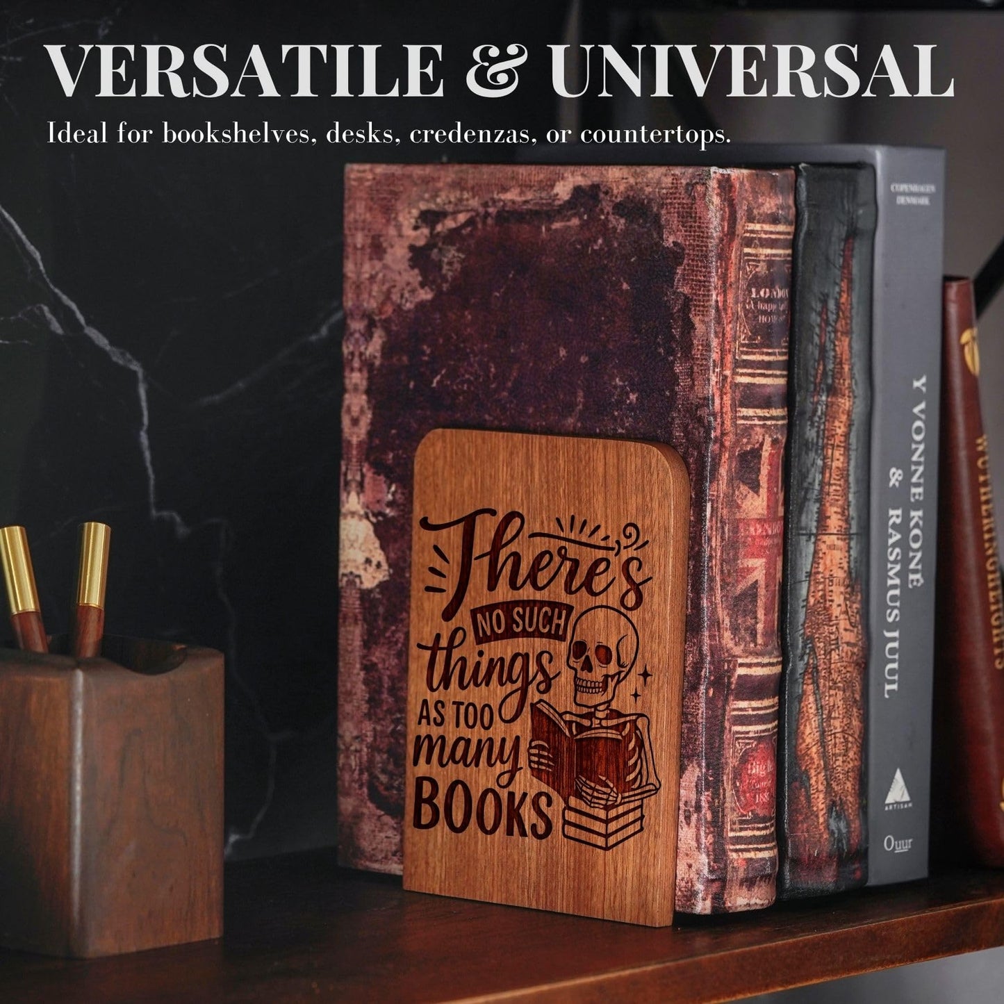 Book Lover Gifts for Women Men, Skull Bookends, Novelty Bookends Unique, Heavy Duty Wooden Book Ends for Shelves Decorative(1 Pair, 4.72x6.69 Inches) - NoSuch