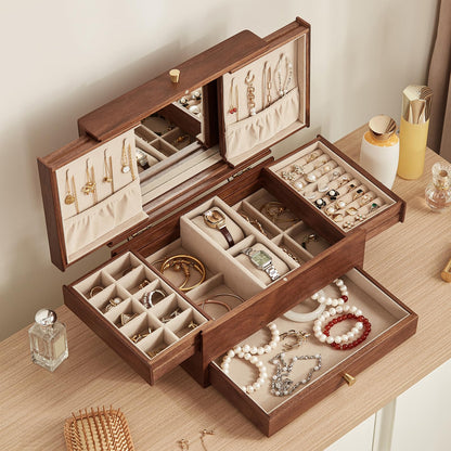 Homruilink Wooden Jewelry Box for Women, 3 Level Multi-functional Drawers Black Walnut Jewelry Organizer Box, Watch, Necklace, Ring, Earring Storage, Fathers Day Gift (With Mirror B)