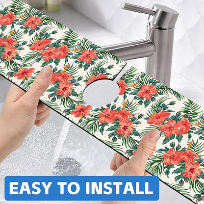 Tropical Leaves and Red Floral Kitchen Sink Splash Guard Mat Absorbent Fast
