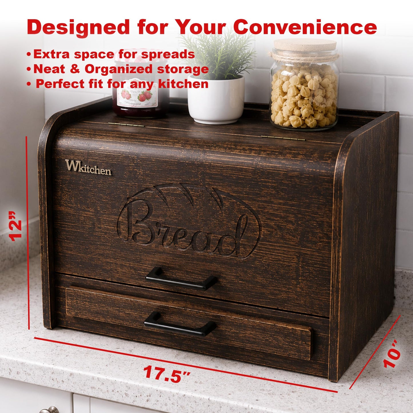 KNIFEPLANET Premium FULLY ASSEMBLED Rustic Bread Box – Extra Large Real Wood Bread Box for Kitchen Countertop Storage, Thick Durable Construction, Double Layer Design (17.5" x 10" x 12")