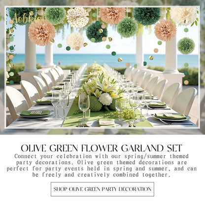 AOBKIAT Wedding Party Decorations Set,15PCS Green Tissue Paper Pom Poms,Dots Paper Garland String Hanging Backdrop for Engagement,Green Boho Wedding,Baby Shower