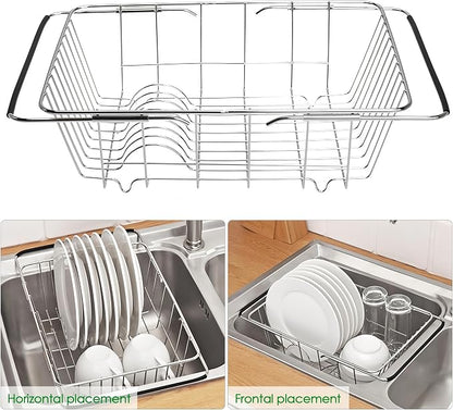 Expandable Dish Drying Rack, Rustproof Stainless Over Sink Dish Drainer Rack Basket Shelf, 304 Stainless Steel Metal Dish Drainer in Sink or On Counter Organizer Dish Dryer Rack for Inside Sink