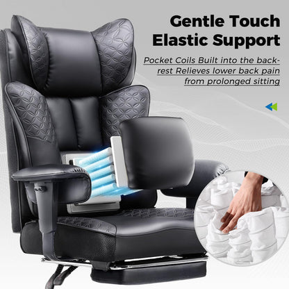 GTPLAYER Big and Tall Office Chair Wide Ergonomic Gaming Chair with Deluxe Embossing Designed Leather with Foot Rest,150°Reclining Adjustable Soft Armrests Pocket Spring Back Support and Pillow