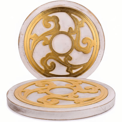 ALLCENER Trivets for Hot Dishes Set of 2, 8 Inch Boho White Washed Wood & Gold Metal Trivet, Heat Resistant Hot Pads for Kitchen Counter and Dining Table, Decorative Pot Holders