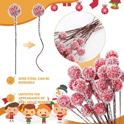 Suncalla 300 Pcs Snowy Artificial Holly Berry Stems Christmas Berry Picks Bulk Mini Fake Red Picks Flocked Ornaments for Christmas Tree Branches Fillers Wreath Home Xmas Winter Holiday Decorations