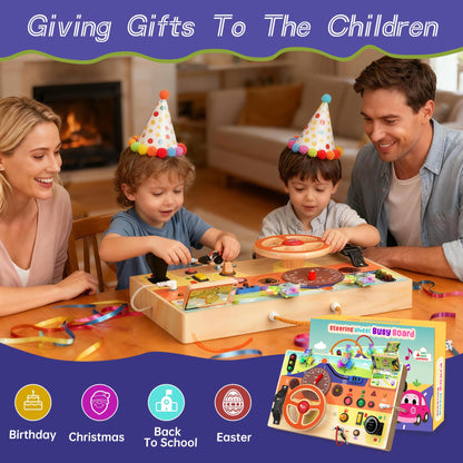 Busy Board Montessori Toys for Toddlers 1-3 with Steering Wheel, Lights & Switches, Wooden Driving Activity Board | Sensory Montessori Busy Board for 1+ Year Old, Toddler Learning & Travel Toy