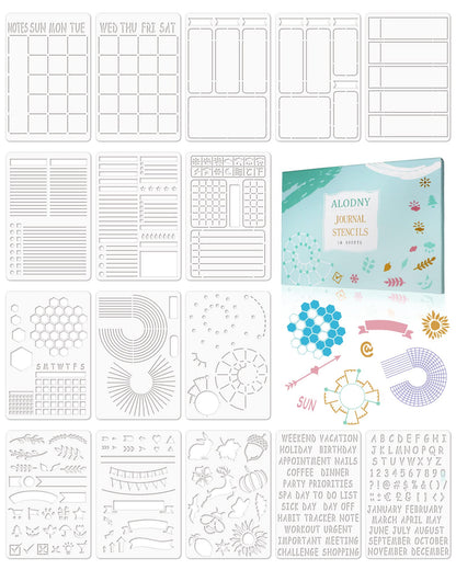 ALODNY 16 Pcs Journal Stencils Set - Time Saving Bullet Journaling Supplies/Accessories Kit -Ultimate Productivity Planner Stencil for Bullet Journal Stencils A5 Dotted Journals