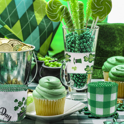 Tlswshsy 4 Rolls Shamrock Wired Edge Ribbon - 2.5''×24 Yard St Patrick's Day Green Wired Ribbon, Burlap Plaid Shamrock Fabric Craft Irish Ribbons for Gift Wrapping, Wedding Birthday Crafts Decorations