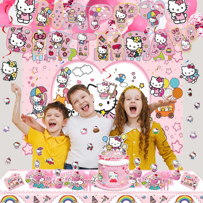 Cute Birthday Party Decorations Set - Pink Cartoon Theme Party Supplies Includes Banner, Foil Balloons, Printed Balloons, Tablecloth, Tableware, Napkins, for Adult Party