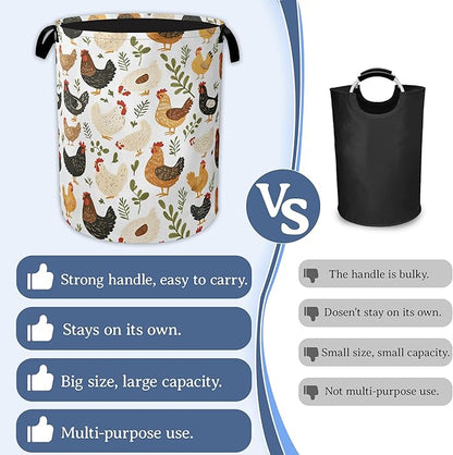 Rooster Hen Chick Laundry Basket, Foldable Waterproof Oxford Cloth Tote Bag