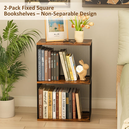 Dmevkic Small Bookshelf 2 Tiers Bookshelf for Small Spaces DIY Variable Stackable Cube Storage Organizer for Kid Bedroom,Living Room, Black Brown Wooden,2 Tiers Non-Detachable