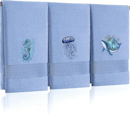 3 Pack Ocean Hand Towels for Bathroom 100% Cotton Embroidered Seahorse