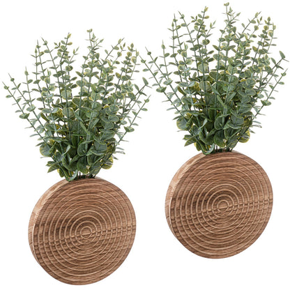 Teecyhooo 2 Pack Round Wooden Wall Vase Indoor Plants Hanging Boho Modern Farmhouse Wall Art Decor for Living Room, Bathroom Entryway, Hallway Fake Flower Plants