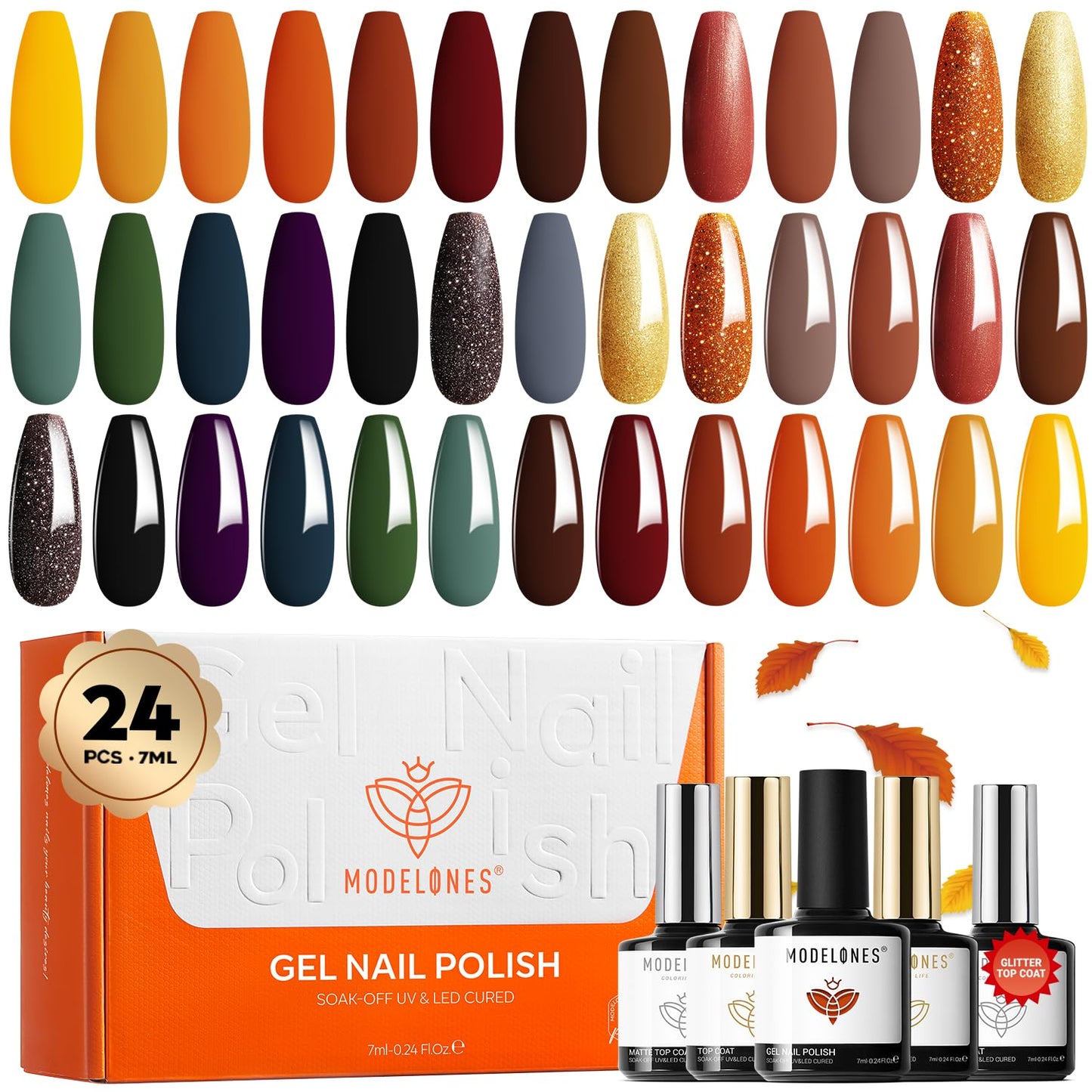 modelones 24PCS Gel Nail Polish Set, Fall Winter Cat Eye Shimmer Gel Polish Kit Soak Off with Glitter, Glossy and Matte Top Base Coat DIY Manicure at Home