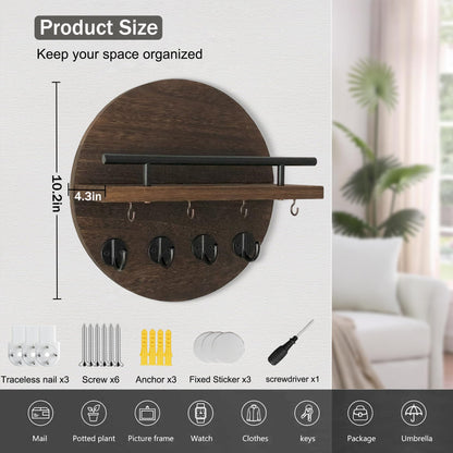 dreampossible Key Holder Wall Mount - 10.2 Inch Decorative Key Rack and Mail Organizer with 8 Key Hooks - Wooden Key Hanger with Shelf for Wall and Home Decor