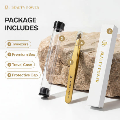 Beauty Power Tweezers for Women Facial Hair: Ultra Precision Tweezers for Women & Men, Sharp Slant Tweezer for Eyebrows, Ingrown Hair Removal. Professional Plucker + Case, German Stainless Steel Gold