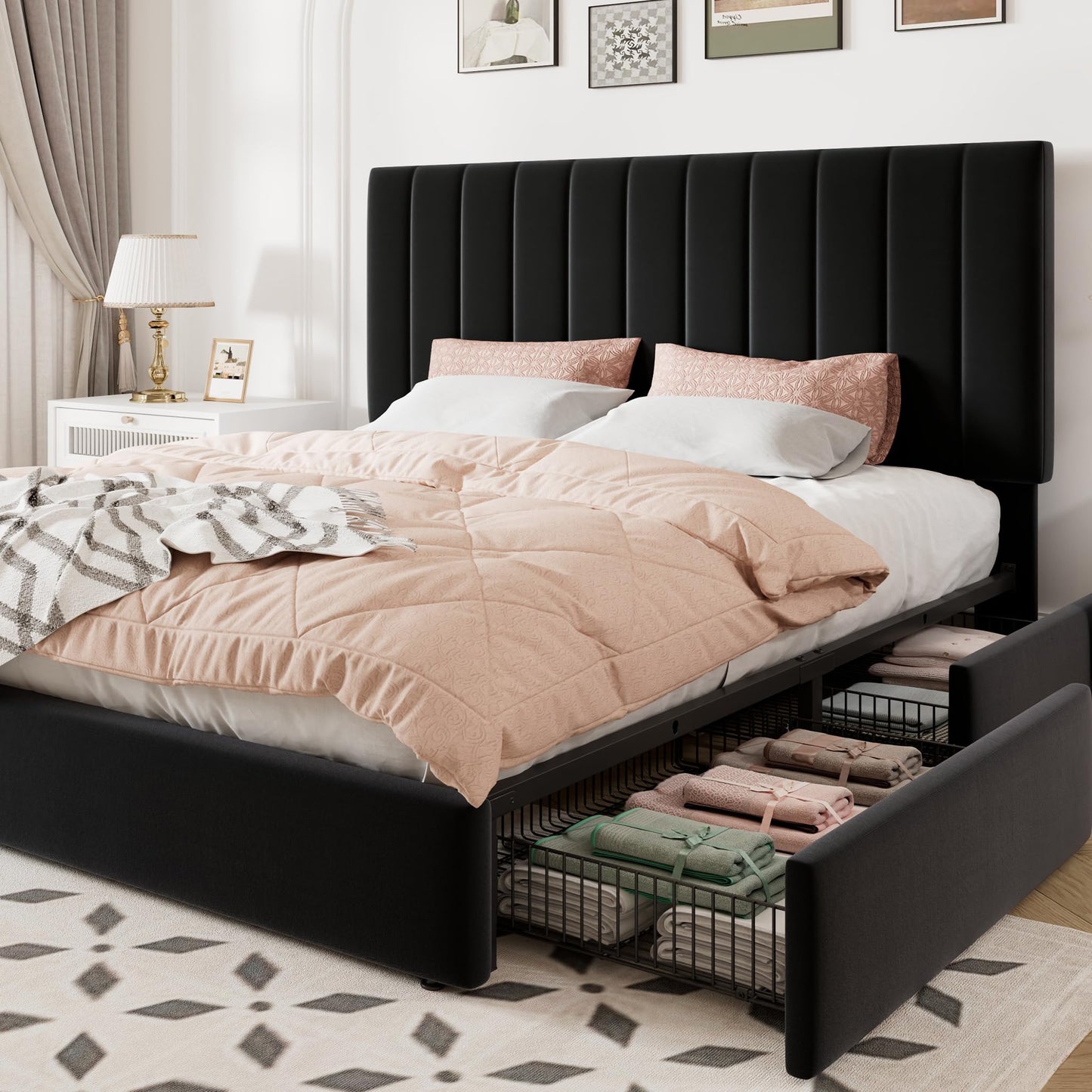 Allewie Queen Size Storage Bed Frame, Vertical Channel Tufted Adjustable Headboard, Velvet Upholstered Platform Bed with 4 Oversized Underbed Drawers, Wooden Slats Support, No Box Spring Needed, Black