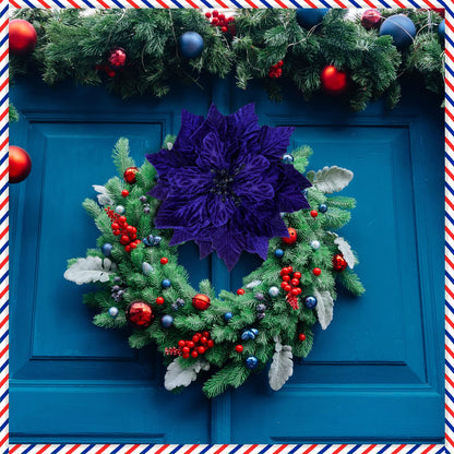 Cindeer 7 Pcs Christmas Poinsettia Artificial Flowers Christmas Poinsettia Ornaments Picks Blue Flowers Decoration for Xmas Tree DIY Wreaths Ornament Wedding Party, 9.8 Inch