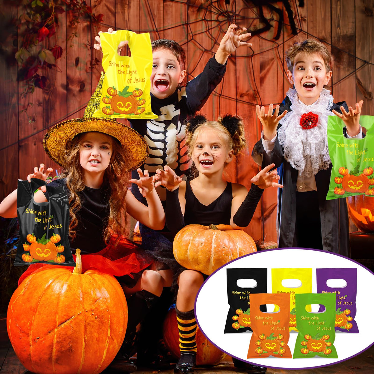 Tenceur 300 Pcs Halloween Religious Pumpkin Candy Bags for Kids Bulk Christian Jesus Bible Gift Goody Halloween Bags for Party Favor