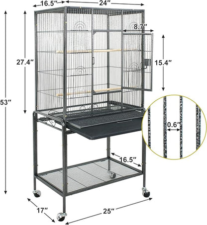 53-Inch Standing Wrought Iron Birdcage Large Parrot Flight Bird Cage with Rolling Stand Birdcages for Cockatiels African Grey Quaker Lovebird Canary Budgie Finch