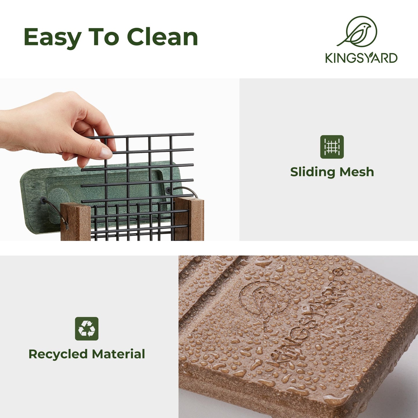 Kingsyard Recycled Plastic Suet Feeder, Tail Prop Suet Feeder for Outside Hanging, Sturdy & Durable, Great for Woodpecker & Clinging Birds, Green