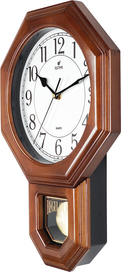 JUSTIME Traditional Schoolhouse Solid Wood Pendulum Wall Clock Chimes Hourly with Westminster Melody Chime Made in Taiwan (Dark Wood w/Westminster Chime)