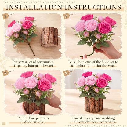 Domensi 6 Sets Wedding Floral Centerpiece for Table Decor Artificial Peonies Silk Flowers Bouquet with Flower Foam and Wooden Vase Faux Floral Arrangement for Bridal Shower Woodland Party(Rose,Pink)