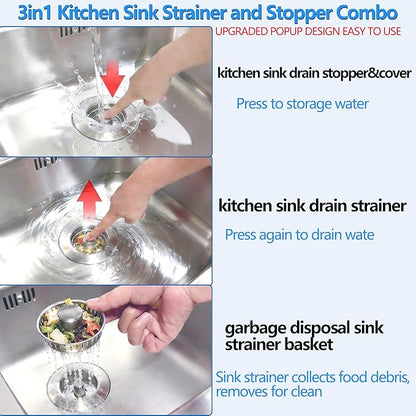 3-in-1 Kitchen Sink Drain Strainer Stopper, Upgraded Stainless Steel Sink Plug