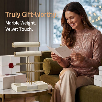 KES Natural Marble Bracelet Holder with 5X Weighted Base, Extra Sturdy 3 Tier Bracelet Holder Display for Necklaces, Earrings, Rings, Watches, T Bar Jewelry Holder Organizer, Beige, JTR500-WH