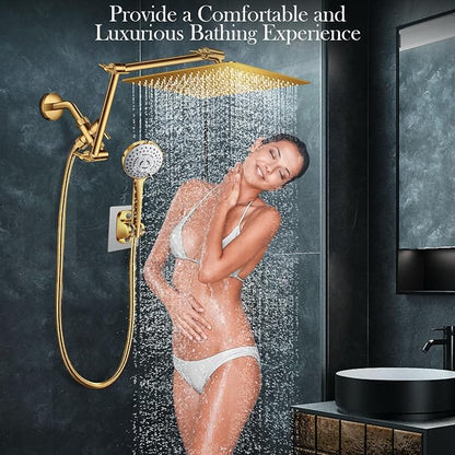 12'' Gold Rain Shower Head, High Pressure Rainfall Shower Head with 16 inch Adjustable Extension Arm，Flexible Adjust Height and Angle, 5 Setting Spray Handheld Shower Head, Anti-leak