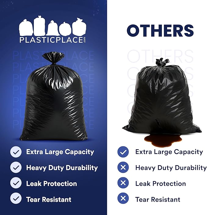 Plasticplace 95-96 Gallon Trash Bags │ 2.0 Mil │ Black Heavy Duty Garbage Can