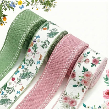 Spring Wired Ribbon 4 Rolls Green Red Floral Fabric Ribbons 1.5 Inch x 24 Yards Set Summer Flower Pattern for Wreaths Bows Making Gift Wrapping DIY Crafts Party Decor