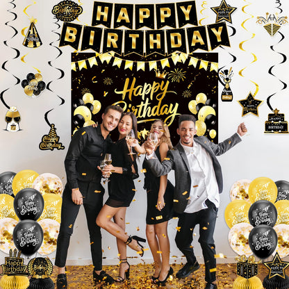 Black Gold Birthday Decorations for Men Women, Pre-Strung Happy Birthday Banner with Backdrop, Balloons,Honeycomb Centerpieces & Streamers Kit