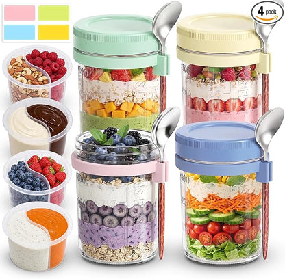 Overnight Oats Containers with Lids 4 Pack Mason Jars 16oz Glass Jar with Lid and Spoons Airtight Food Storage Containers Chia Seed Pudding Jars for Overnight Oats Parfait Yogurt Fruit Salad