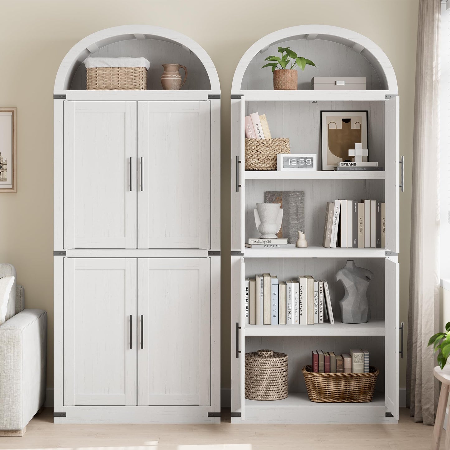 IDEALHOUSE 71.6" Kitchen Pantry Cabinet, 5-Tier Arched Display Cabine with Doors, Bookshelf, Arched Bookcase, Modern Fluted Wooden Storage Organizer Cabinet for Living Room, Dining Room,Kitchen,White
