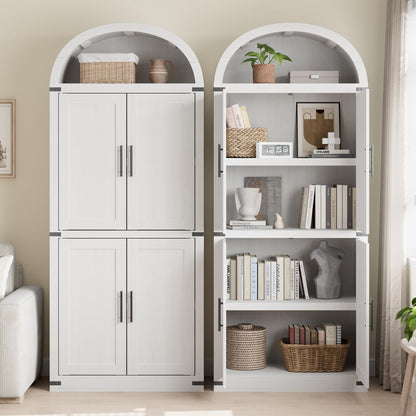 IDEALHOUSE 71.6" Kitchen Pantry Cabinet, 5-Tier Arched Display Cabine with Doors, Bookshelf, Arched Bookcase, Modern Fluted Wooden Storage Organizer Cabinet for Living Room, Dining Room,Kitchen,White