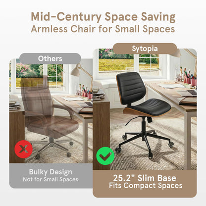 Sytopia Small Desk Chair for Home Office, Adjustable Height Swivel Armless Office Chair No Arms, Mid Century Modern Chair with Wheels, Walnut Wooden Sturdy Furniture, Easy Assembly, Vintage Black