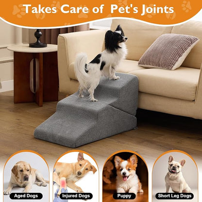 Dog Stairs for Small Dogs 16’’ H, 3-Step Dog Steps for Bed, Foldable Pet Stairs and Ramp for Dogs and Cats to Get on Beds, Couch, Non-Slip Balanced Pet Steps with Waterproof Cover, Grey