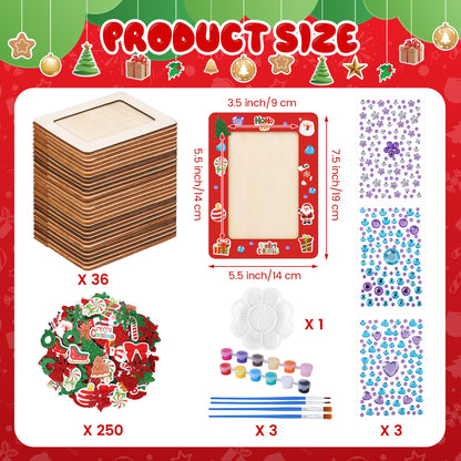 Fovths 36 Packs Christmas Picture Frame Painting Craft Kit Wooden DIY Photo Frame with 250 Foam Stickers Brushes Set Holiday Art Party Favor DIY Paint and Decorate