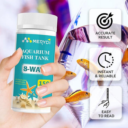Aquarium Test Strips 8 In 1, 150ct Aquarium Ammonia Test Strips for Saltwater Freshwater Aquariums,Pond Fish Tanks, Aquarium Test Kit-Test pH, Alkalinity,Nitrate,Ammonia and More