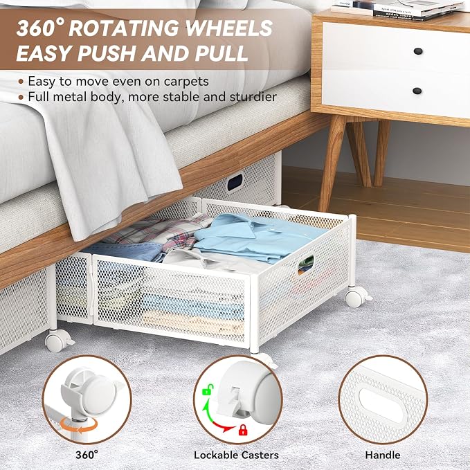 PHINOX Under Bed Storage with wheels, Under the Bed Storage Containers,Upgrade Crossed Iron Wire, Metal Rolling Underbed Storage Containers for Bedroom Clothes Shoes Blankets-2 Pack,White