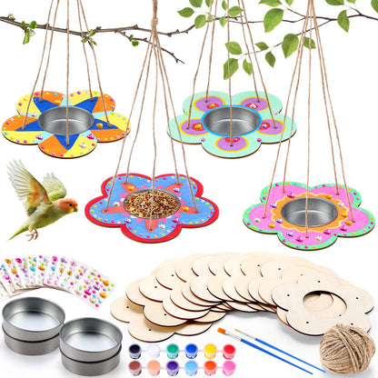 CroBlissful 12 Pack Bird Feeder Craft Kits for Kids DIY Your Own Bird Feeders with Paint and Paintbrushes Wooden Arts and Crafts for Kid Ornaments to Paint Feeders Craft for Garden(Flower Shape)