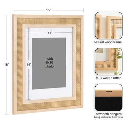 Kate and Laurel Corah Modern Faux Rattan Picture Frame Set of 2, 11 x 14 matted to 8 x 10, Natural, Boho Two-Piece Glass Photo Frame Set for Gallery Wall Design in Living Room Wall Decor