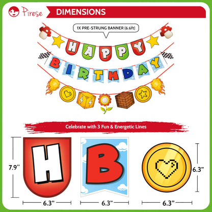 Pirese Retro Game Birthday Decorations, Video Game Birthday Banner Party Kit with Balloons, Pre-Strung Gamer Birthday Party Supplies for Kids, Fun Land Arcade Theme Decor